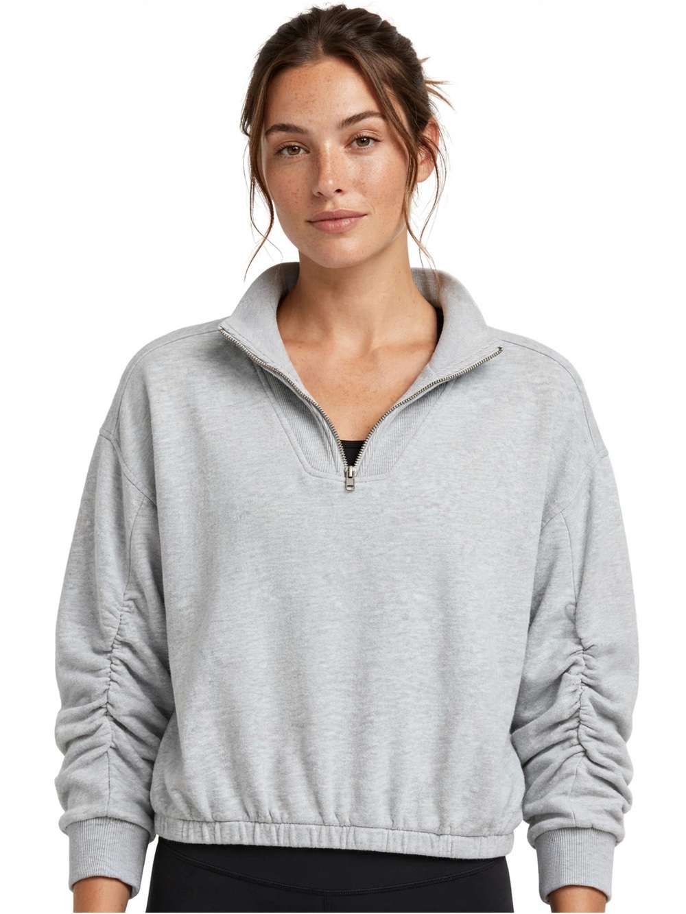 FREE PEOPLE MOVEMENT VALLEY GIRL  CROPPED QUARTER ZIP RUCHED SLEEVE SWEATSHIRT